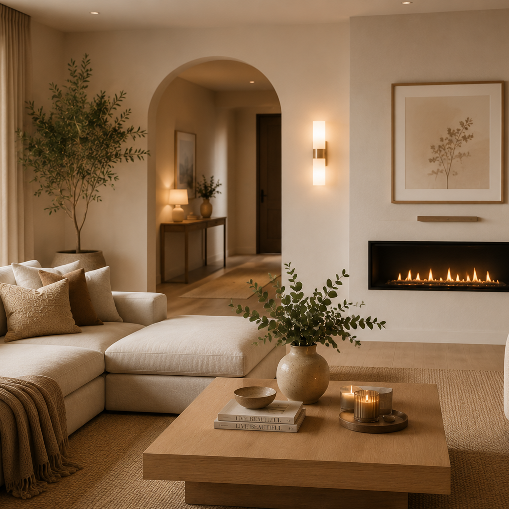 A beautifully styled modern living room featuring a beige sectional sofa, a matching accent chair, a wooden coffee table with candles, and a black linear fireplace mounted on a warm beige wall.